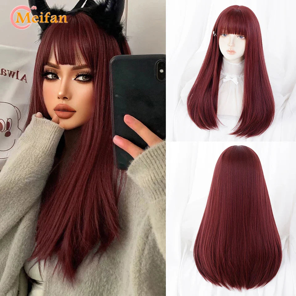 MEIFAN Synthetic Long Straight Lolita Wig with Bangs Wig Girl Cute Mixed Black Red Blonde Cosplay Party Halloween Harajuku Wig