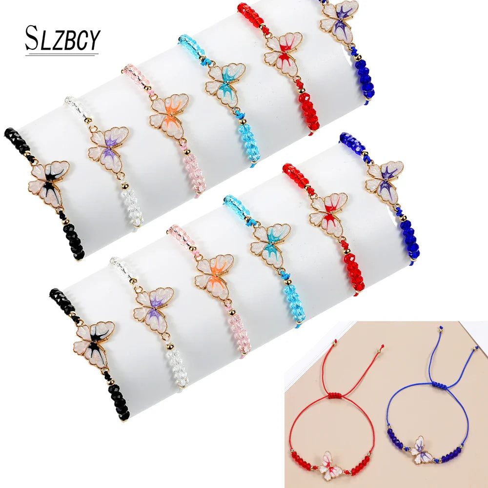 12pcs/lot Acrylic Crystal Bead Chain Butterfly Pendant Bracelet for Kids Jewelry Boho Adjustable Hand-woven Female Jewelry