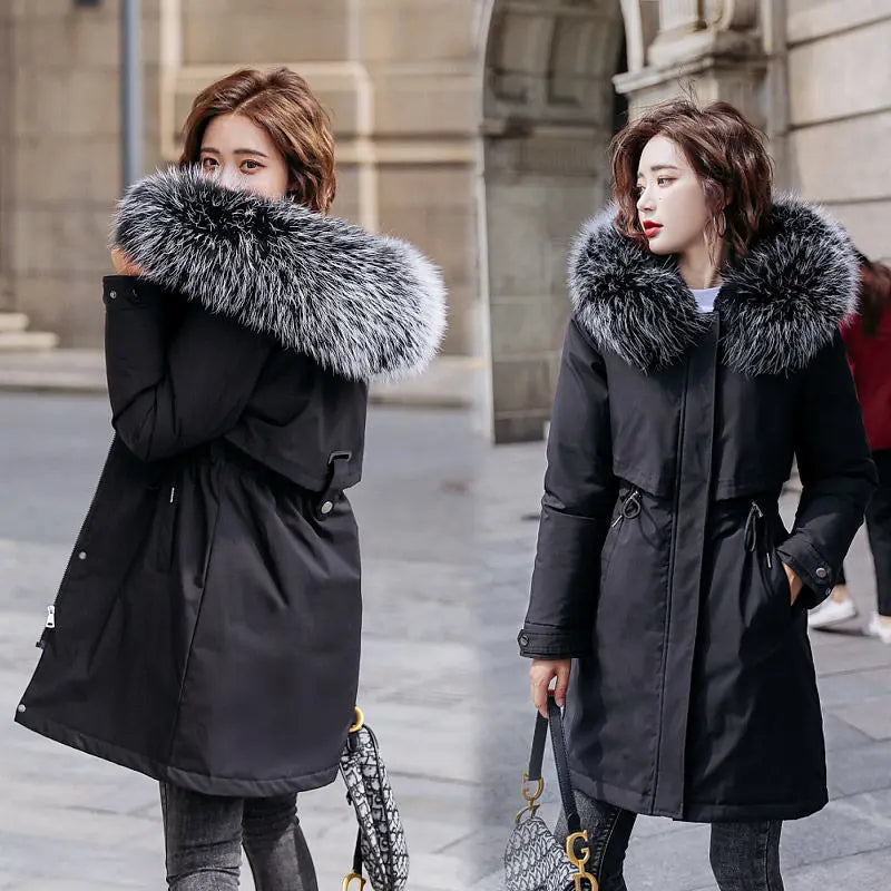 2023 New Winter Jacket Women Parka Fashion Long Coat Wool Liner Hooded Parkas Slim With Fur Collar Warm Snow Wear Padded Clothes