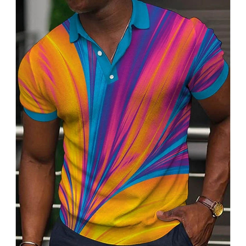 Fashion Men'S Polo Shirt Gradient Line Summer Short Sleeve TShirts Casual Daily Lapel Tops Tees Striped T Shirt For Man Clothing