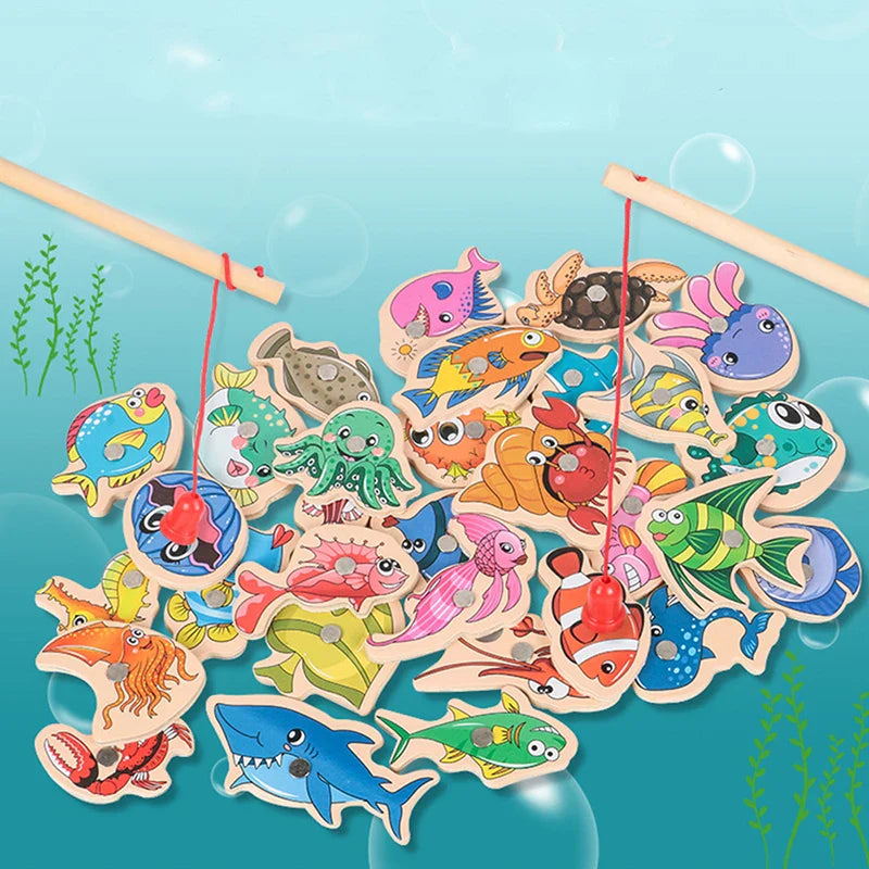 Wooden Magnetic Fshing Toy Marine Life Cognition Fish Rod Toys Children Early Educational Parent-child Interactive Board Game