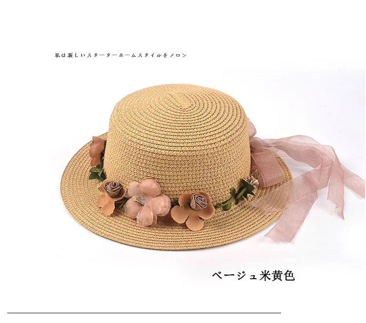 Simple Parent-child Summer New Women's Sun Hat Bucket cap beige lace Bowknot Flowers Ribbon Flat top Straw Hat Beach Caps Panama