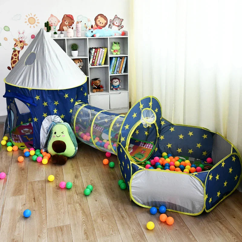 3 in 1 Portable Rocket Children's Tent Toys Camping Tent Kids Ball Pool  for Children Play House Crawling Tunnel Pop-up Tent