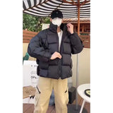 Winter Men's Cotton Padded Jacket Puffer Loose Solid Warm Coats Long Sleeve Criss Cross Stand Collar Thick Parka For Male
