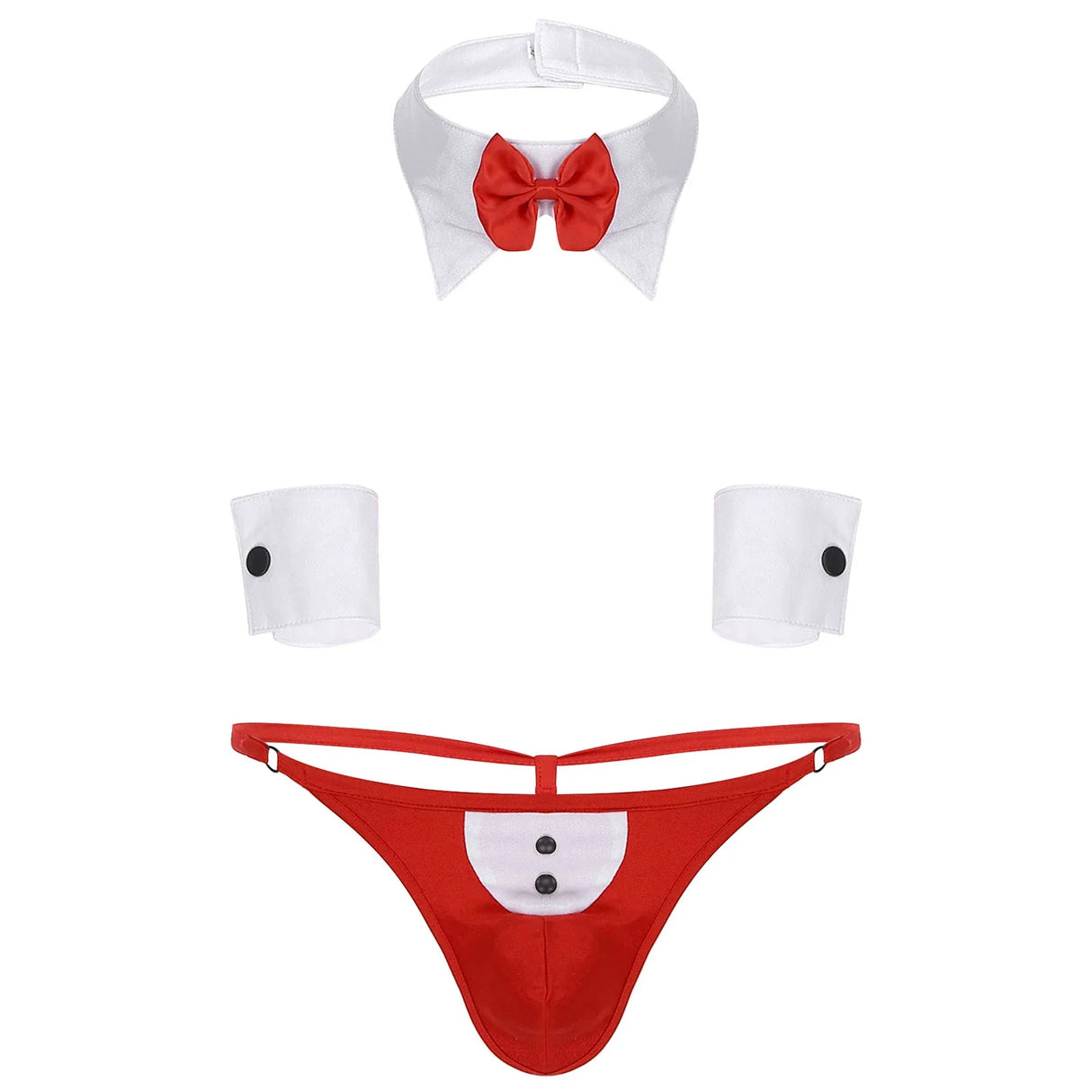 Mens Waiter Tuxedo Lingerie Sexy Cosplay Costume Role Play Uniform See Through Briefs Underwear with Bunny Ears Headband Collar