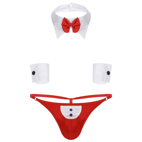 Mens Waiter Tuxedo Lingerie Sexy Cosplay Costume Role Play Uniform See Through Briefs Underwear with Bunny Ears Headband Collar