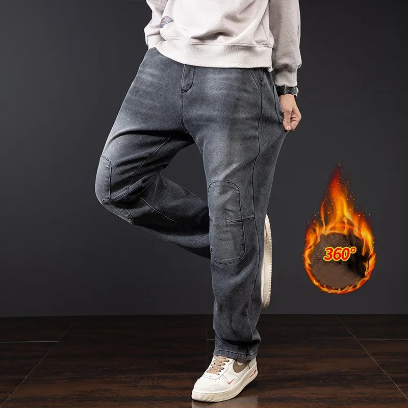 Winter Men's Spliced Jeans Brushed Thick Hip Hop Baggy Warm Denim Pants Casual Cargo Trousers Loose Jean Mens Bottoms