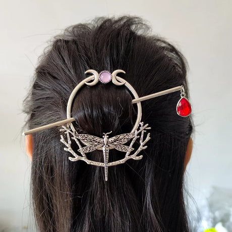 Witch Woodland Goddess Crescent Moon Dragonfly Hairstick Fairy Moon Dragonfly Insect Hair Barrette Hairclip For women Wicca