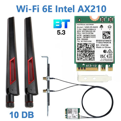 Intel AX210 WiFi Card 5374Mbps Bluetooth 5.3 Wi-Fi 6E Adapter 2 In 1 Desktop Kit 10DBi Antennas 802.11ax 2.4G/5Ghz/6Ghz For PC