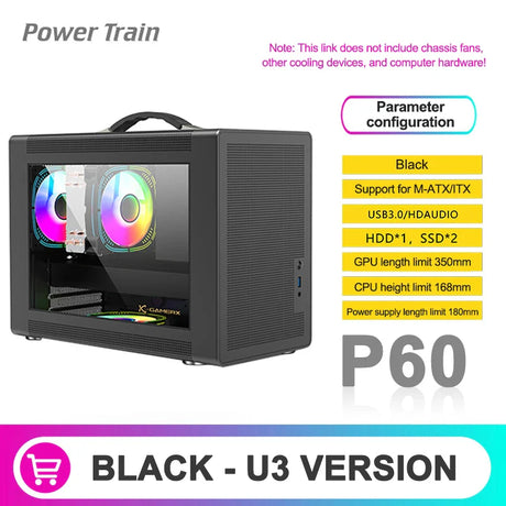 Power Train P60 M-ATX Portable Computer Case ITX Motherboard ATX/SFX Power Supply Support  U3 Type-C Desktop MINI Small Chassis