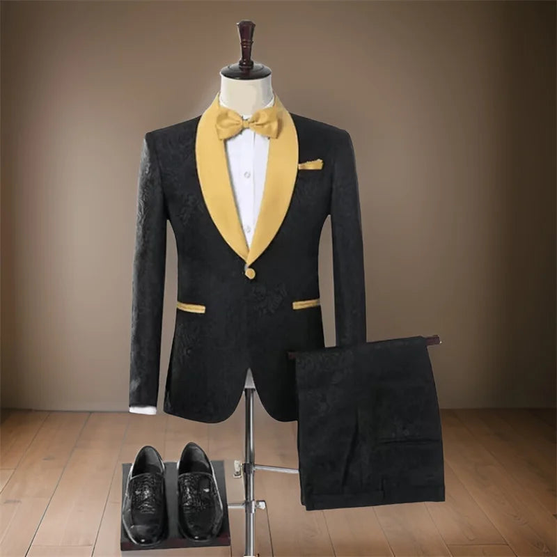 Floral Wedding Suits for Men with Gold Shawl Lapel 2 Pieces Slim Fit Groom Tuxedo Formal Fashion Male Suit Jacket with Pants