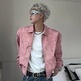 Mens Cropped PU Leather Jacket Fashion Turn-down Collar Gradient Color Retro Coat Zipper Men's Motorcycle Outwear Spring Pink