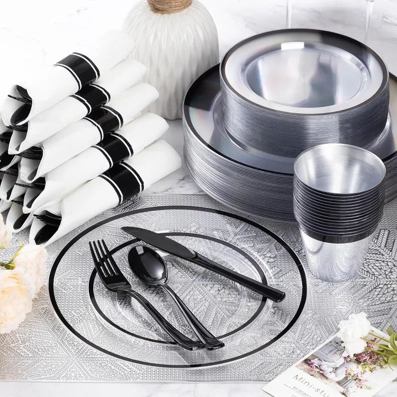 350 Piece Plastic Dinnerware Set for Party,Clear Disposable Plates for 50 Guests ,Include: Dinner Plastic Plates, Rolled Napkins