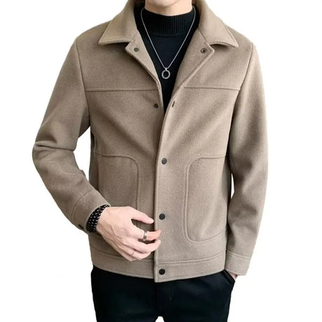 2023 Fashion Men Jacket Single-Breasted Solid Color Short Woolen Coat Winter Casual Warm Windbreaker Coat Men Cardigan Outerwear