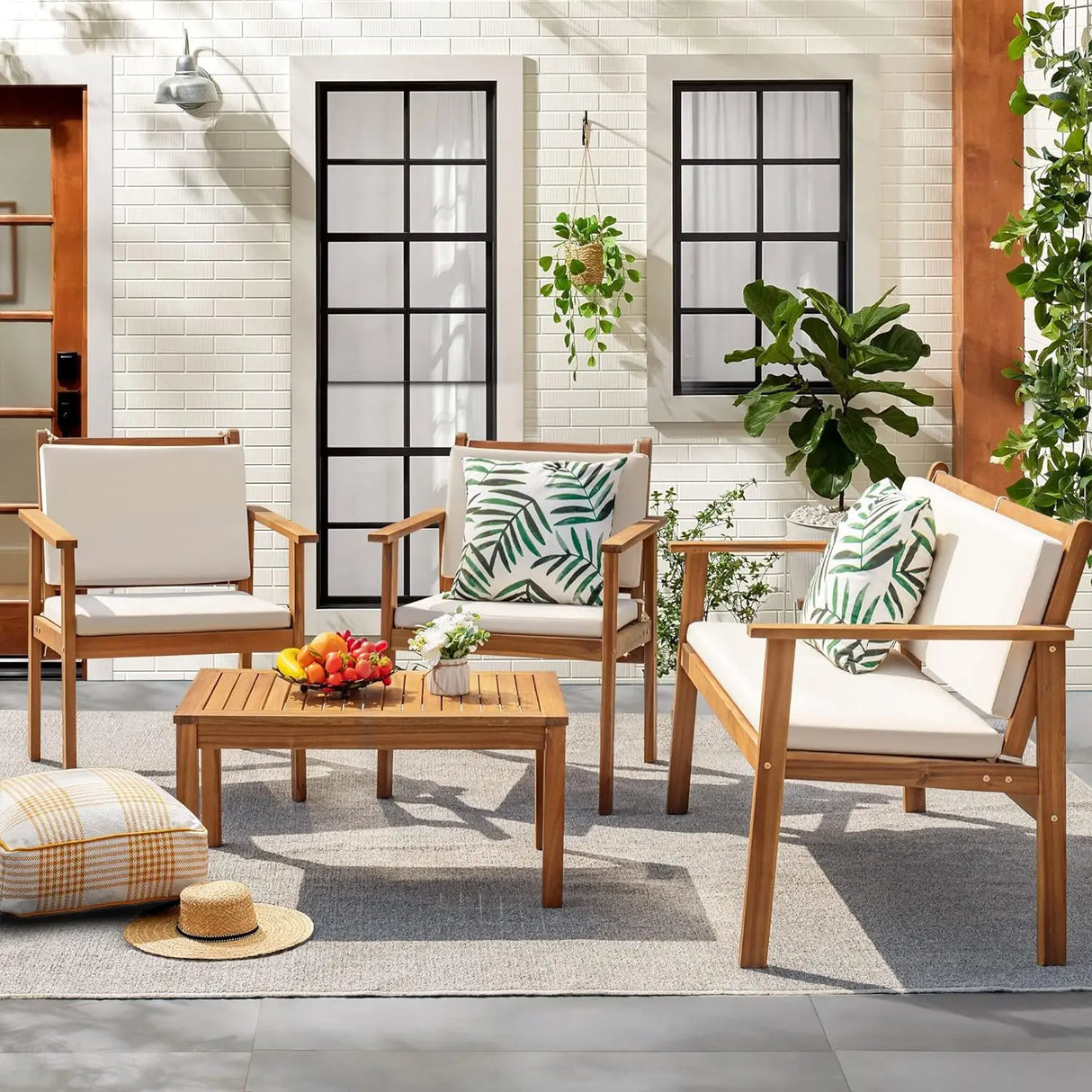 Patio Furniture Outdoor Acacia Wood  Conversation Sofa Set with Table & Cushions Porch Furniture for Porch/Balcony/Backyard