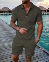 New 2024 Men's Polo Suit Fashion Men Sets Solid Summer V-neck Zipper Short Sleeve POLO Shirt+Shorts Two Pieces Men Casual Suit