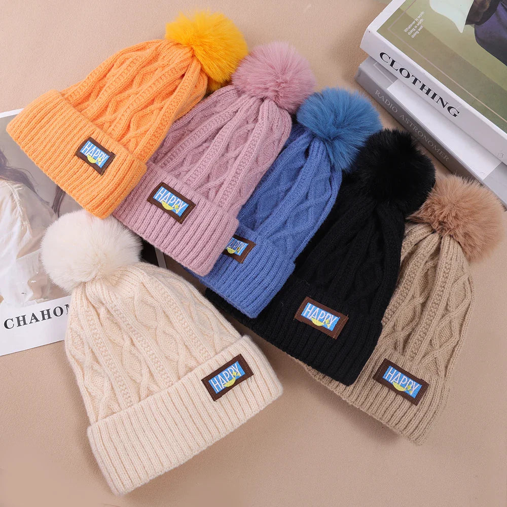 Winter Fur Pom Knitted Beanies Hat Female Plush Thicken Fleece-lined Warm Hats for Women Girl's Outdoor Woolen Thermal Gorro Cap