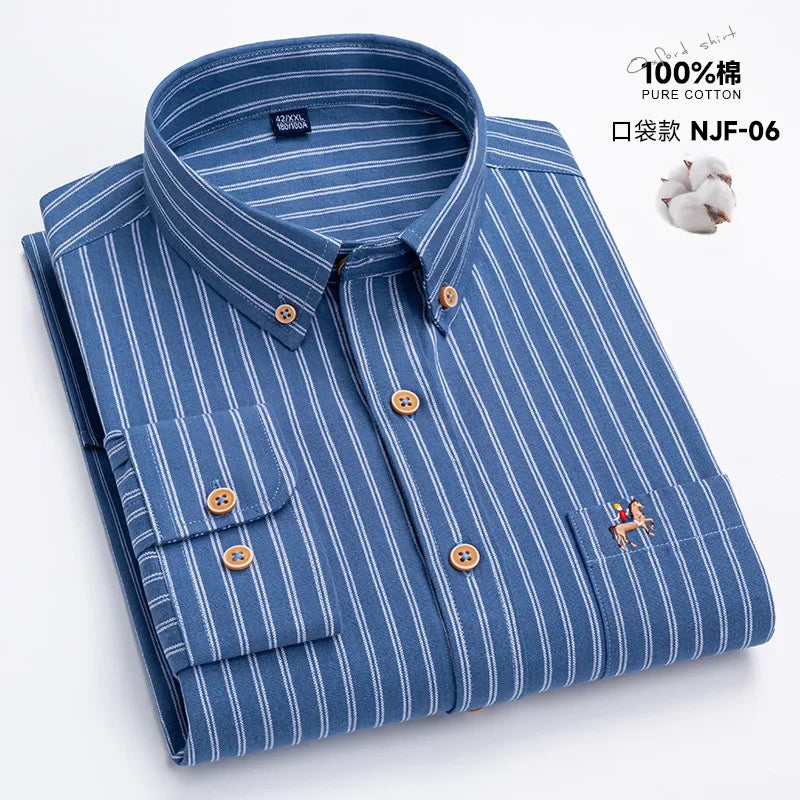 M~6XL Men's Shirt Long Sleeve Cotton Oxford Fashion Casual One Pocket Regular Fit Striped Business Formal Shirt