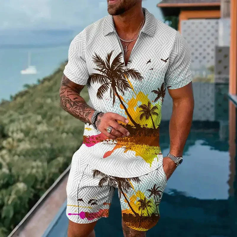 Hawaiian Polo Set Men Tracksuit Sets Summer 3D Beach Outfits Polo Shirt Shorts 2pcs Sets Zipper Coconut Tree Casual man Clothing