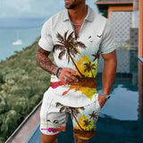 Hawaiian Polo Set Men Tracksuit Sets Summer 3D Beach Outfits Polo Shirt Shorts 2pcs Sets Zipper Coconut Tree Casual man Clothing