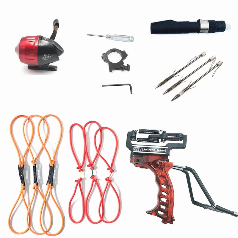 Powerful Hunting Metal Slingshot with Double Spring Design and Fishing Package, Fishing Reel Darts To Enhance Power Outdoor Toy