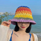 Spring Summer New Rainbow Woven Straw Hat Bucket Hat Sunblock Shade Wide Brim Hat Breathable Fisherman Hats Beach Straw Cap