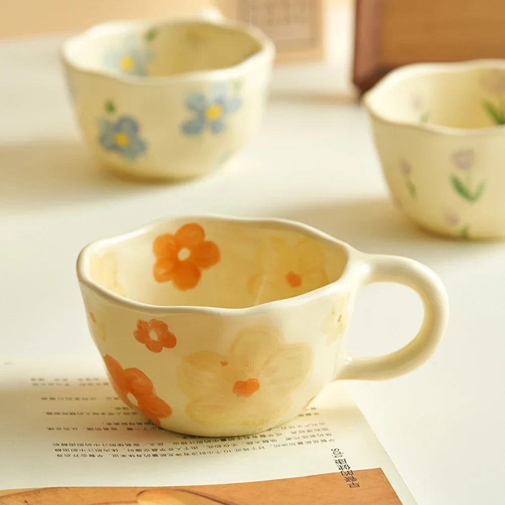 Ceramic Mugs Coffee Cups Hand Pinched Irregular Flower Milk Tea Cup Ins Korean Style Oatmeal Breakfast Mug Drinkware Kitchen