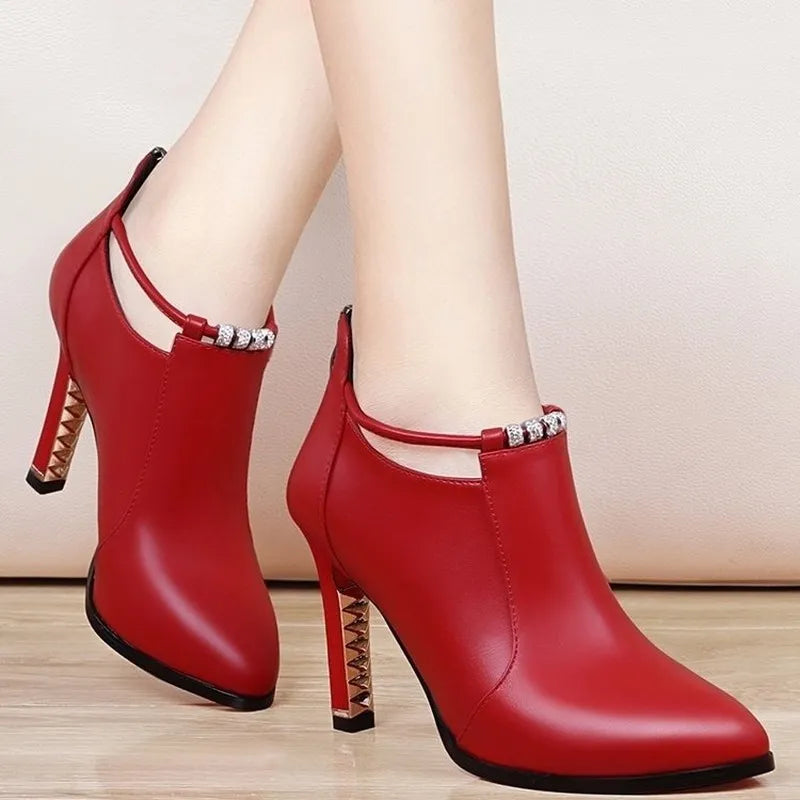 Botas Mujer2019new Winter Boots Women Shallow Round Toe Red Women's Boots Thin Heels Zip Ankle Boots Pu Leather Zapatos De Mujer