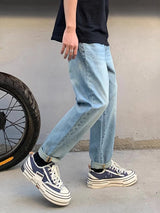 REDDACHIC Light Wash Blue Straight Jeans for Men Plain Cleanfit Brushed Rolled Denim Pants 90s Retro Trousers Korean Streetwear