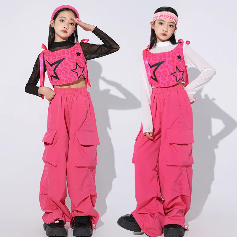 Girls Rose Red Hip Hop Outfits Long Sleeve Top Loose Cargo Pants Street Dance Suit Children Streetwear Kids Jazz Clothes Sets