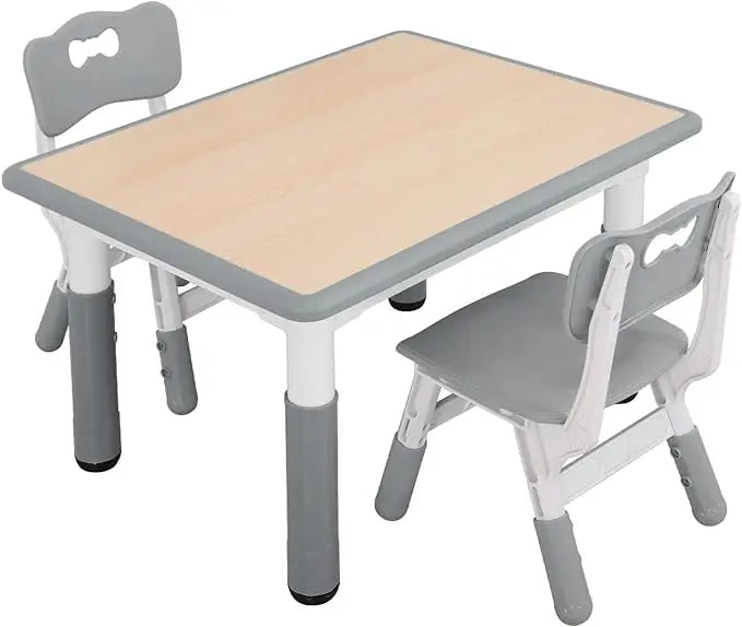 Kids Study Table and Chairs Set, Height Adjustable Plastic Children Art Desk with 2 Seats, Kids Multi Activity Table Set