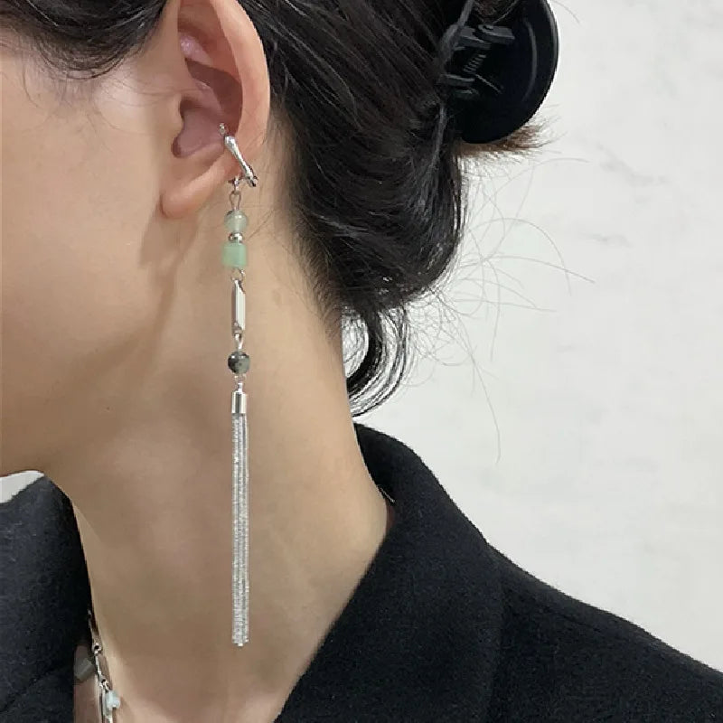 Vintage Chinese Style Artificial Jade Tassel Flower Ear Clip No Piercing Earring 2022 Trendy Punk Metal Ear Cuff Clip Earring