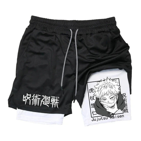 Itadori Yuji 2 in 1 Compression Shorts for Men Anime Jujutsu Kaisen Performance Shorts Basketball Sports Gym Shorts with Pockets