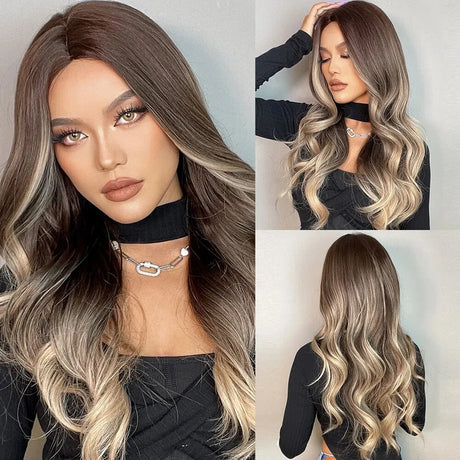 Medium Long Synthetic Fiber Wigs Middle Ombre Top Dark Color to Brown Hair Wig for Girls and Ladies Natural Soft Daily Wear