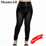 Plus Size Button Up Skinny Black Gray Long Jeans 4XL 5XL Women Spring High Waist Stretch Skinny Thin Denim Pants Lady Trousers