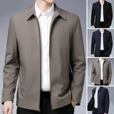 Two Side Zipper Pockets Men Jacket Elegant Mid-aged Men's Lapel Jacket Stylish Zipper Closure Straight Fit Soft for Formal