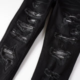 Men Pleated Patch Biker Jeans Streetwear Skinny Tapered Stretch Denim Pants Ripped Patchwork Black Trousers