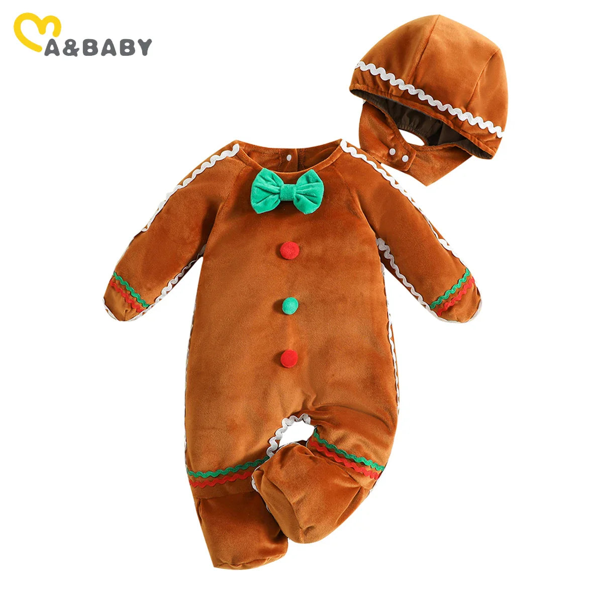 ma&baby 0-24M Christmas Baby Romper Newborn Infant Boy Girl Gingerbread Man Costumes + Hat Long Sleeve Jumpsuit Xmas Clothing