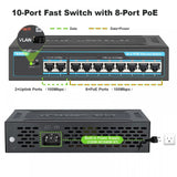 TEROW POE Switch 10 Port 100Mbps Ethernet Smart Switch 8 PoE+2 UpLink With Internal Power Office Home Network Hub for IP Camera