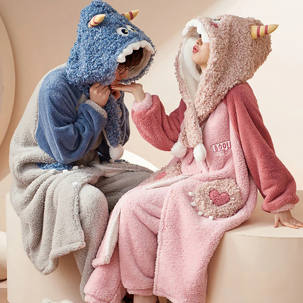 2PCS Hooded Sleepwear Thicken Warm Plush Flannel Robe Set Winter Pajamas for Couples Soft Pajama Man Cartoon Sleeping Bathrobe