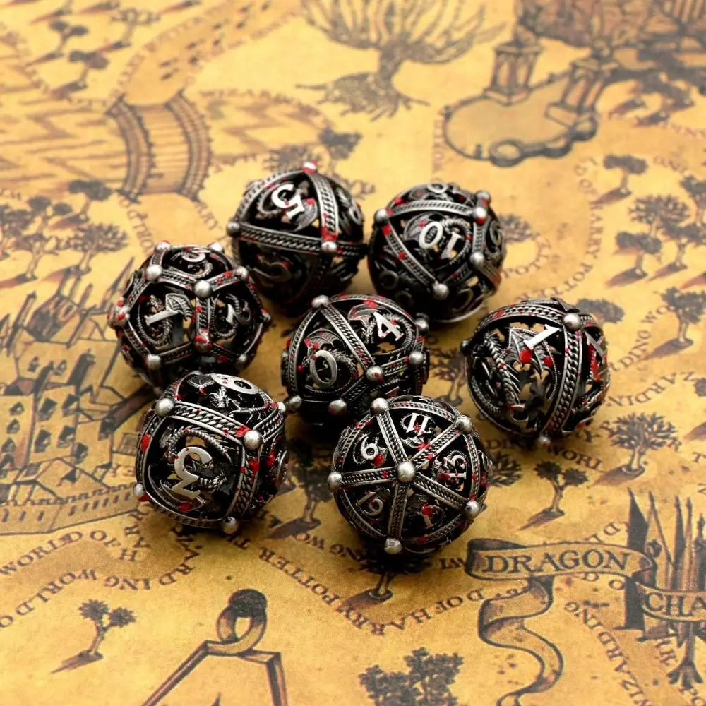 7Pcs/set Hollow Roung Dragon for DND Dice Party Game 7-Die Table Game Polyhedral Dice D4 D6 D8 D10 D12 D20 Metal Game Dice TRPG