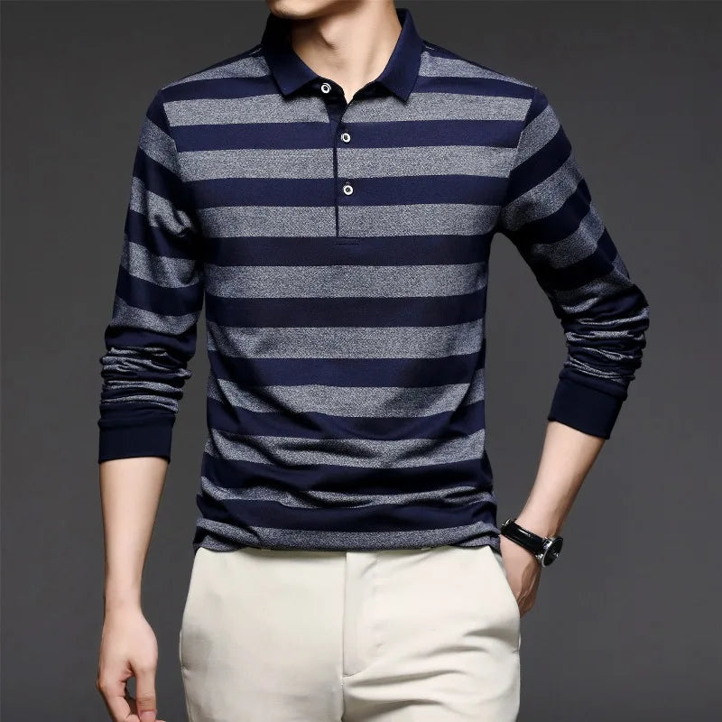 Spring and Autumn Men's Pullover Polo Adjustable Contrast Button Long Sleeve T-shirt Polo Bottom Fashion Casual Formal Tops