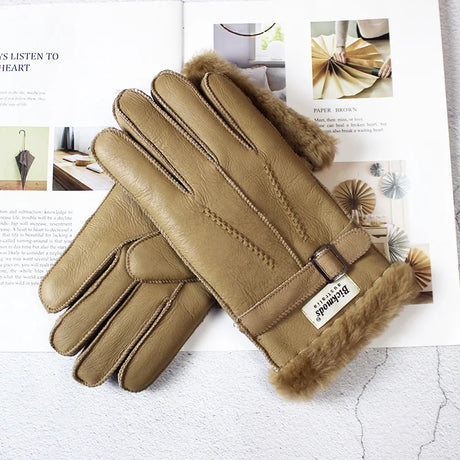 Sheepskin Fur Gloves Men's Thick Winter Warm Large Size Outdoor Windproof Cold Hand Stitching Sewn Leather Finger Gloves