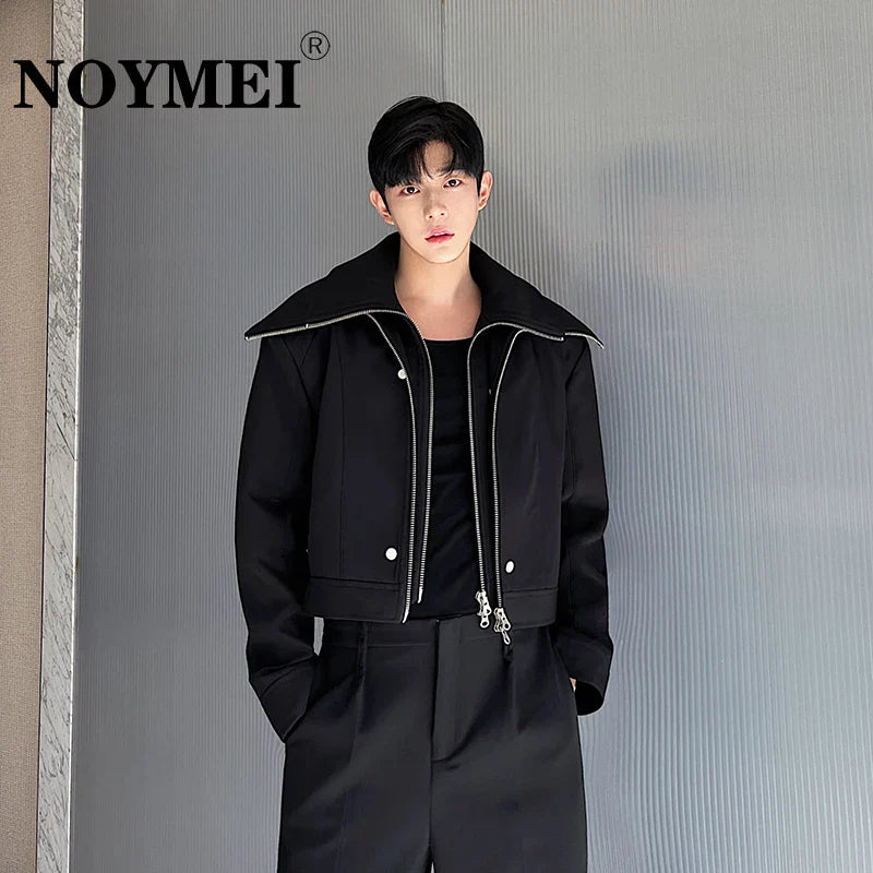 NOYMEI Short Coat Black Deconstructed Design Black Short Motorcycle High Collar Double Neck Double Zipper Jacket Men WA3171