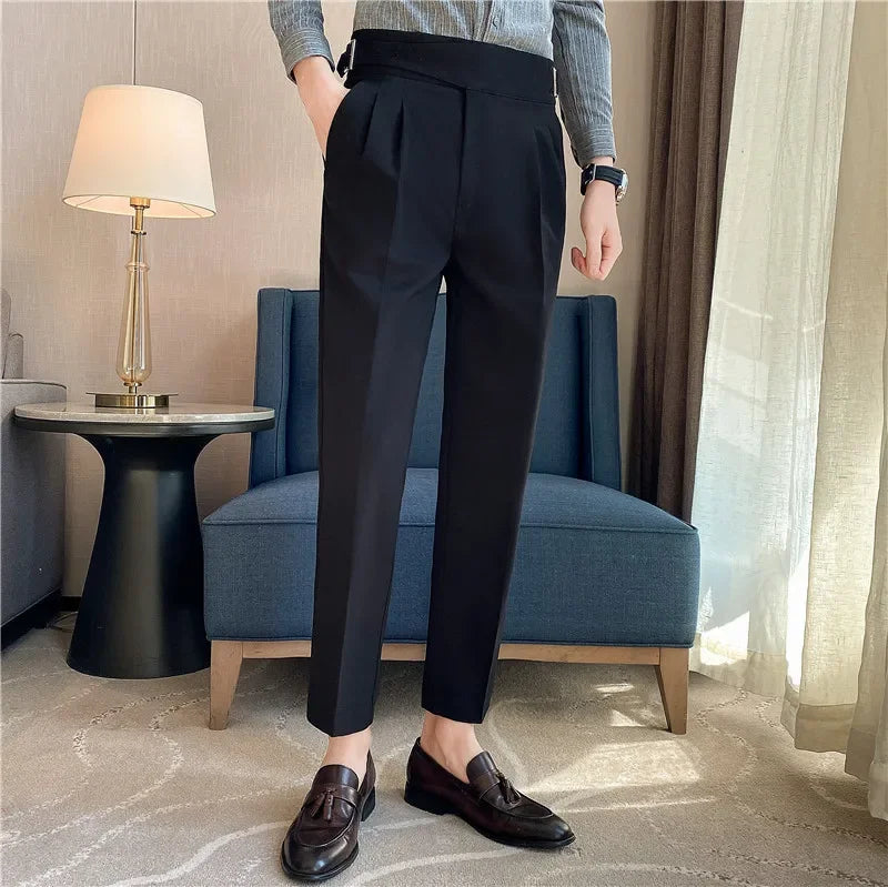 British Style Men High Waist Dress Pants 2023 Autumn Solid Color Casual Trousers Slim Fit Formal Suit Pants Fashion Men Clothing