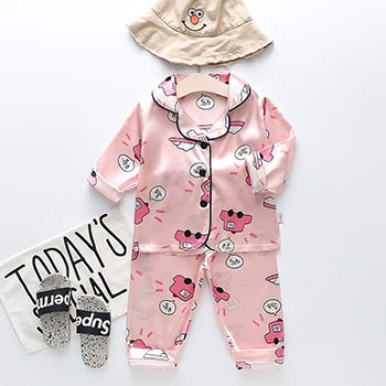 Toddler Girls Silk Satin Pajamas Sets Cartoon Kids Boys Pyjamas Baby Sleepwear Suit Girl Casual Home Wear Clothes Boy Loungewear