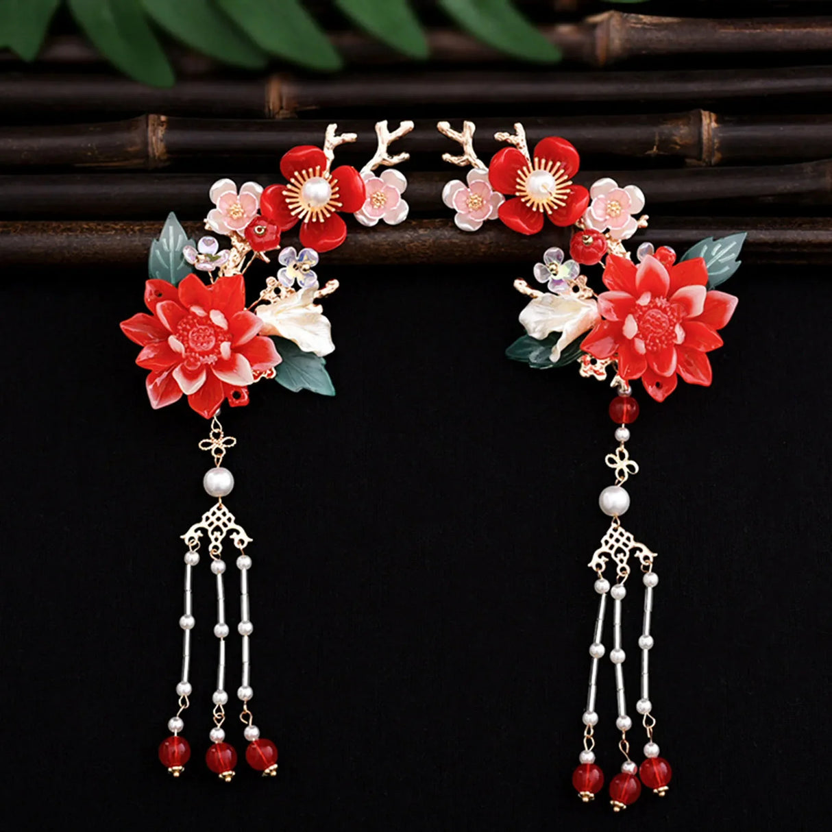 Chinese Hair Clips Girls Hanfu Hair Accessories Green Flower Hairpin Tassel Pearl Headpiece Ancient Party Barrette Head Jewelry