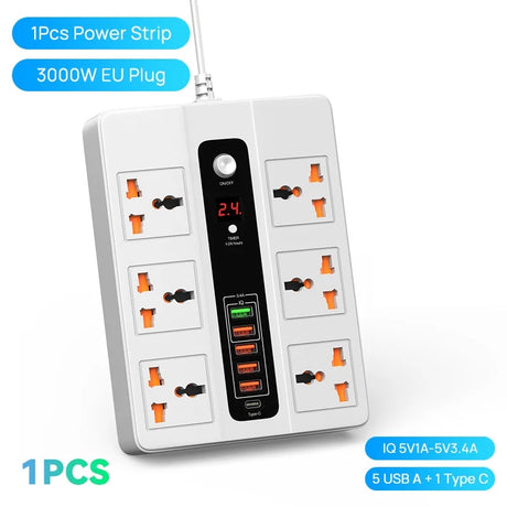 3000W 6 AC Outlets Power Strip 20W PD QC3.0 USB Fast Charger 6 Ports Type C Quick Charge Station Adapter for iPhone Samsung