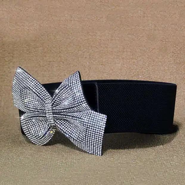 Diamond Glitter Bow Tie Waistbelt for Girls with Bowknot Rhinestone Wide Waist Belt for Dress Match Elastic Waist Seal