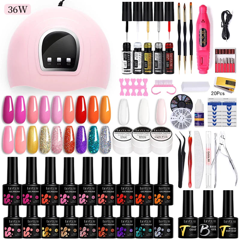 LILYCUTE Manicure Set For Quick Nail Extensions Gel Nail Polish With UV LED Nail Lamp Electric Nail Drill All For Nail Gel Tools